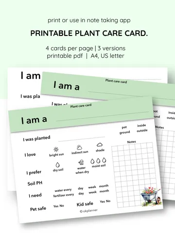 Printable Plant Care Card – Track Watering, Sunlight & Soil for Healthy Plants! Garden care printable. Houseplant care cards. Plant maintenance log. Gardener’s & Plant Lover’s gift. Printable plant tracker. Garden organization tool. Flower care tracker.