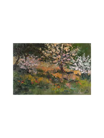 Blooming Trees Painting 8x12" Spring Landscape ORIGINAL Artwork Impressionist Hillside ART Signed by artist Marina Chuchko