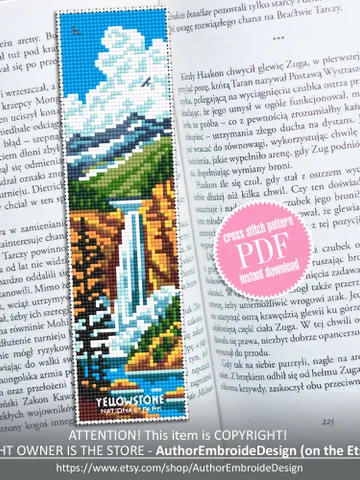 Yellowstone National park bookmark cross stitch pattern PDF download, Nature cross stitch chart, Mountain waterfall Bookmark pattern #B223 $4.40