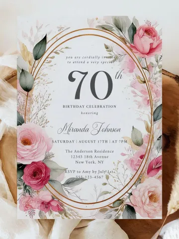 70th Birthday Invitation for Women – Blush Pink & Gold Floral, Elegant Printable Party Invite for Grandma or Women, Digital Canva Template $7.00