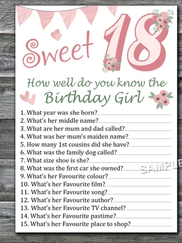 Sweet 18th How well do you know the birthday girl,Adult Birthday party game printable-fun games for her-Instant download $1.50
