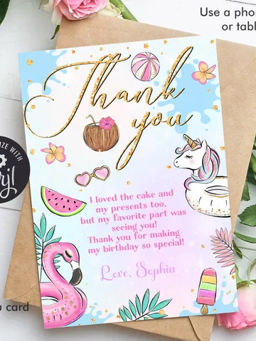 Pool Party Thank you Card , Pool Party Unicorn Thank you Card Instant Download, Swimming Note Card, Editable Template $6.00