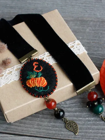 Handmade monogrammed velvet ribbon bookmark with initial Pumpkin beaded book mark carnelian Fall halloween gift for teacher