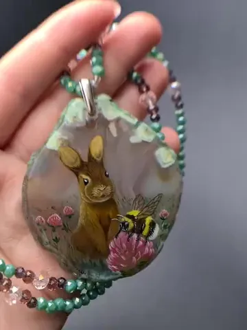 Necklace with rabbit, bumblebee Painting Agate stone Christmas Gift Wrapping $120.00