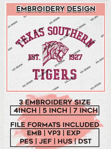 Texas Southern Tigers Est 1927 Logo Embroidery Designs, NCAA Texas Southern Tigers Team Embroidery, NCAA Team Logo, 3 sizes, Machine embroidery Files, Digital Download $6.99