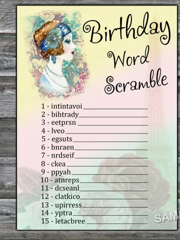 Vintage themed Birthday Word Scramble Game,Adult Birthday party game-fun games for her-Instant download $1.75