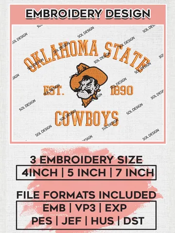 Oklahoma State Cowboys Est 1890 Logo Embroidery Designs, NCAA Oklahoma State Cowboys Team Embroidery, NCAA Team Logo, 3 sizes, Machine embroidery Files, Digital Download $6.99