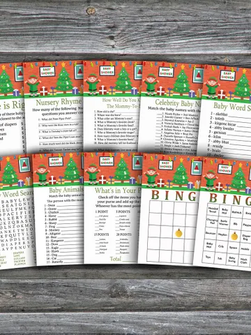 Santa and elf baby shower games bundle,Christmas Baby Shower games package,Fun Baby Shower Games,9 Printable Games-258 $5.95