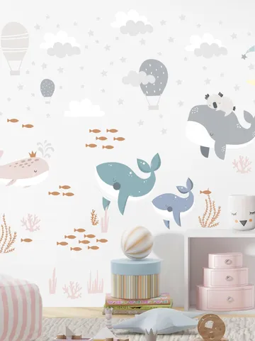 Watercolor Whale Wall Decals Set - Kids Bathroom Stickers, Ocean Nursery Decor, Removable Sea Animal Wall Art ek21 $27.99