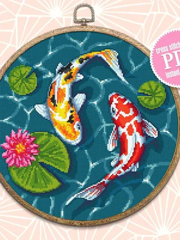 Koi pond cross stitch pattern download PDF Koi fish cross stitch chart, Fish embroidery design, Oriental decor, Water lily cross stitch #L50 $4.80