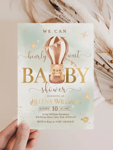 Editable Bearly Wait Baby Shower Invitation Hot Air Ballons Bear Baby Shower Neutral Boho Berly Baby Shower Template $11.62