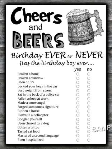 Cheers and beers Birthday ever or never game,Birthday Games for Him, Adult Birthday Games,Printable Birthday Games $1.75