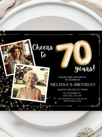 70th Birthday Invitation with Photo Adult Women's Cheers to 70th Birthday Invite Black and Gold Party Card for Grandma Canva Template $7.00