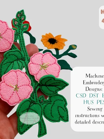 Mallow Flower Embroidery Design File, Felt Floral Motif Pattern, Botanical Machine Embroidery 4x4 Hoop