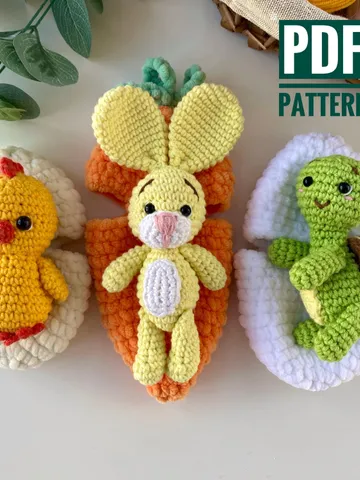Crochet Pattern: Easter Bunny in Carrot, Turtle in Egg, and Chick in Egg - Amigurumi Plushie Crochet Patterns - PDF in English $19.66