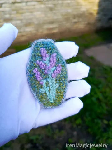 Crocheted Lavender Brooch with Hand Embroidery $44.00