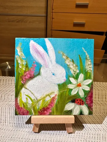 Oil Painting Hare in the Meadow Hares Rabbits Animals Nature Miniature Wall Decor 10x10 cm 4x4 inches Cardboard $39.00