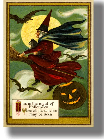 Halloween poster with a witch on a broom. $21.00
