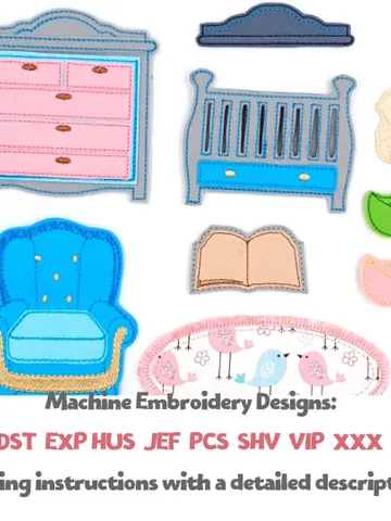ITH Nursery Furniture Embroidery Design Set, Felt Dollhouse Crib Dresser Armchair Pattern, 5x7 Hoop Digital File $10.00