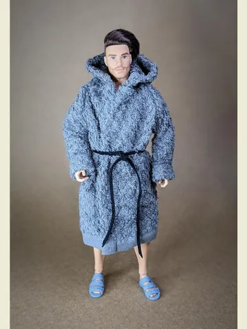 Gray terry bathrobe with a hood for 12-inch fashion male doll $27.00