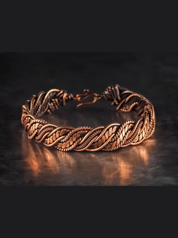 Wire wrapped bracelet, Unique 7th 22nd Anniversary gift idea, Art Nouveau antique style, One of kind braided statement bangle, Handmade oxidized pure copper jewelry, Pain relief, EMF protection $57.00