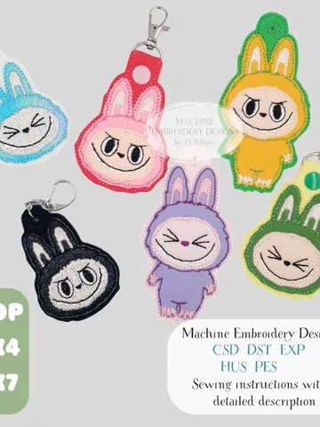 ITH Labubu Monster Elf Keychain Embroidery Design Set (6 Styles), Key Fob Pattern Bundle, 4x4 5x7 Hoop File $10.00