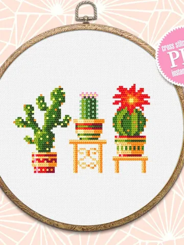 Cactus plant cross stitch pattern download PDF, Floral cross stitch chart, Potted plants embroidery PDF, Easy small cross stitch #P21 $2.20