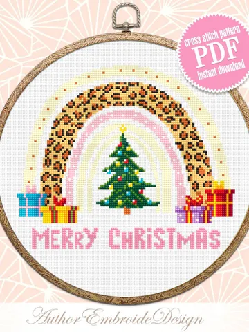 Christmas leopard rainbow cross stitch pattern PDF download, Christmas tree cross stitch, Christmas pattern digital PDF, Handmade gift #N137 $4.40
