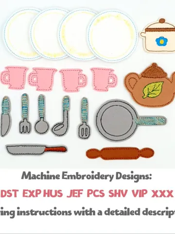 ITH Dollhouse Tableware Embroidery Design Set, Felt Dishes Cutlery Teapot Pattern, Miniature 4x4 Hoop Digital File $5.00