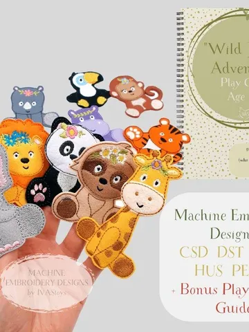 Machine Embroidery ITH Jungle Animals Finger Puppets Pattern + Bonus Developmental Play Guide & Audio Files $15.00