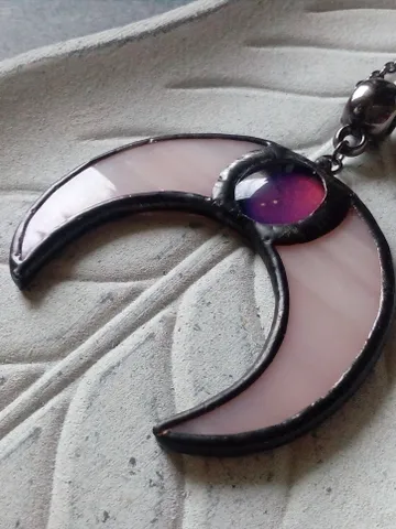 Stained glass moon, Mood stone crescent, Moon phase necklace, Stainglass crescent, Full moon $36.00