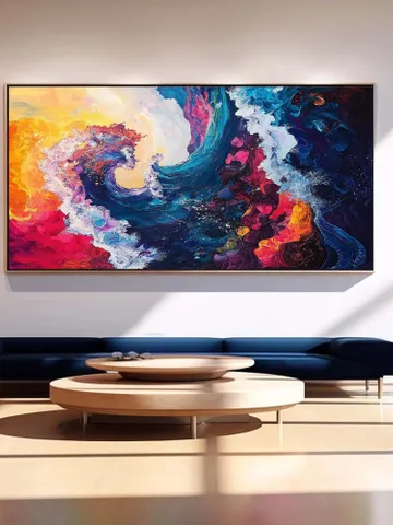 Original Hand-Painted Abstract Oil Painting on Canvas | Colorful Ocean Wave Art | Stunning Red, Blue, Yellow Decor for Living Room or Office $132.73