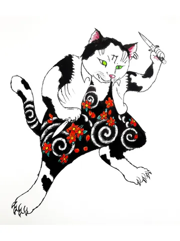 Samurai Cat Painting Animal Original Art Watercolor Painting 12 by 10.5 Above Sofa Art by TatianaArtShop $140.00