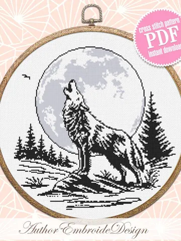 Wolf moon cross stitch pattern PDF download Howling wolf cross stitch chart, Nature pattern digital PDF, Full moon embroidery beginner #L85 $4.50