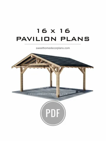 Diy 16 x 16 gable pavilion plans pdf. Carport plans. Square outdoor covered gazebo plans. Diy backyard timber frame plans for outdoor. Garage plans $16.90