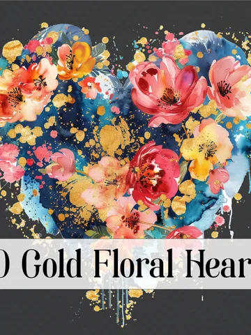 20 Floral Heart PNG Clipart, Watercolor clipart, Floral Heart sublimation, Golden Hear in flowers clip art, Digital download, junk journal $2.64
