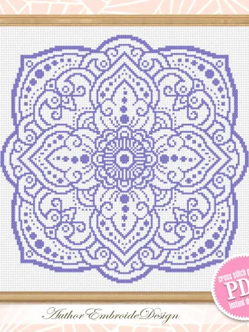 Flower mandala cross stitch pattern PDF download Monochrome cross stitch chart, Square mandala pattern digital for pillow cross stitch #M272 $4.60
