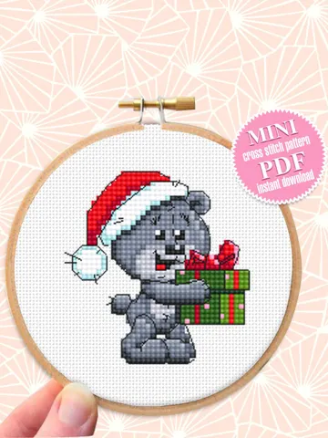 Small bear cross stitch pattern PDF, Christmas pattern digital download PDF, Cute bear cross stitch chart, DIY Christmas decoration #N55 $2.50
