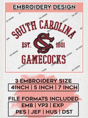 South Carolina Gamecocks Est 1801 Embroidery Designs, NCAA South Carolina Gamecocks Team Embroidery, NCAA Team Logo, 3 sizes, Machine embroidery Files, Digital Download $6.99