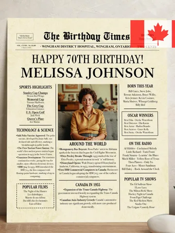 70th Birthday Newspaper Poster 1955 CANADA, 70th Birthday Gift for Men or Women, Personalized 70th Birthday Sign 1955 Canadian Highlights $15.00