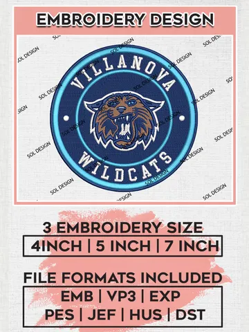 NCAA Villanova Wildcats Round Logo Embroidery, NCAA Villanova Wildcats Logo Embroidery files, NCAA Teams, Machine embroidery designs, Digital Download $6.99