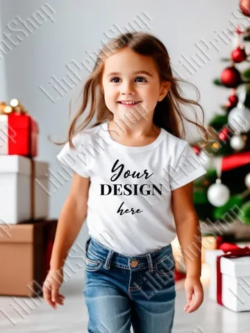 Christmas Girl White Shirt model Mockup JPG lifestyle model shirt mockup, Little girl tshirt mock up digital Instant download $2.71