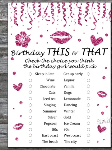 Pink glitter Birthday This or that game,Adult Birthday party game-fun games for her-Instant download $1.75