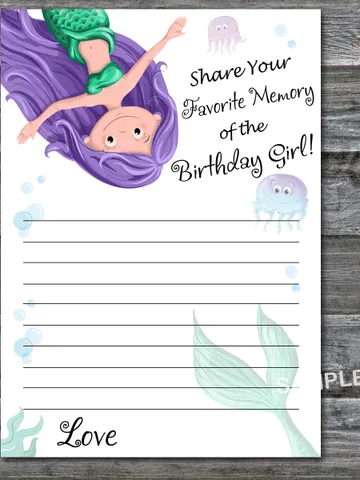 Mermaid Favorite Memory of the Birthday Girl,Adult Birthday party game-fun games for her-Instant download $1.75