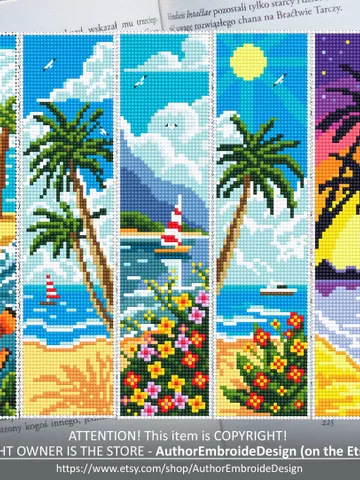Beach Bookmark set cross stitch pattern download PDF Handmade bookmark pattern digital PDF, Palm tree cross stitch Summer, Sea, Nature #B116 $17.45