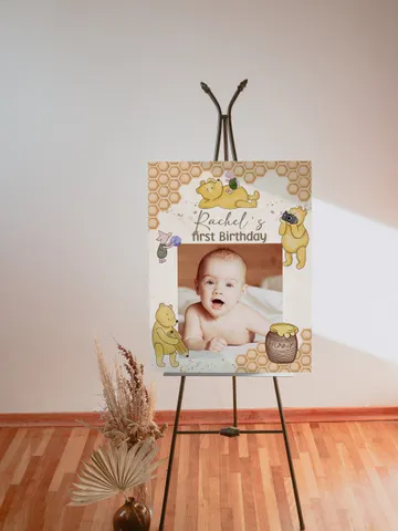 PhotoFrame Board Winnie the Pooh Birthday Party; Winnie Pooh 1st Birthday; Editable Photo frame Banner Birthday Party Decoration Winnie hc12 $11.62