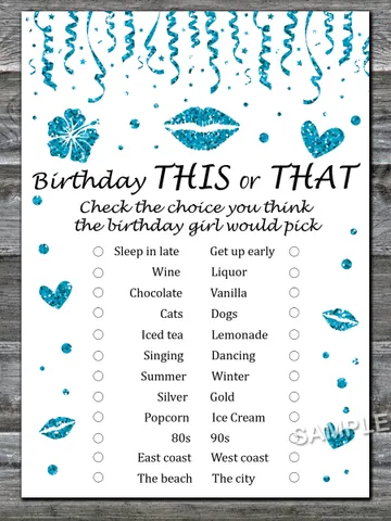 Blue glitter Birthday This or that game,Adult Birthday party game-fun games for her-Instant download $1.75