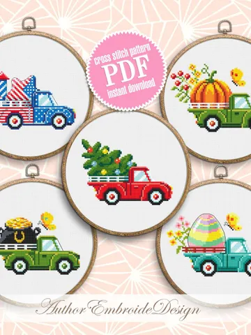 Vintage truck cross stitch pattern PDF download Set of 5 farmhouse truck pattern digital PDF, Small cross stitch chart, Holiday decor #T35 $14.95
