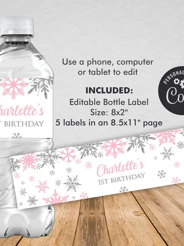 Winter Onederland Water Bottle Label, Winter Onederland Birthday Girl Decorations, Pink Silver Snowflake Bottle Label Editable Template $5.50