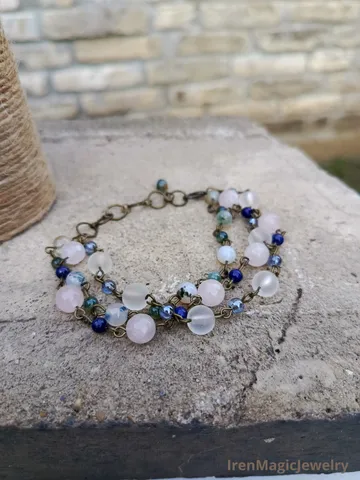 Three-Row Bracelet with Quartz, Agate, Lapis $46.00